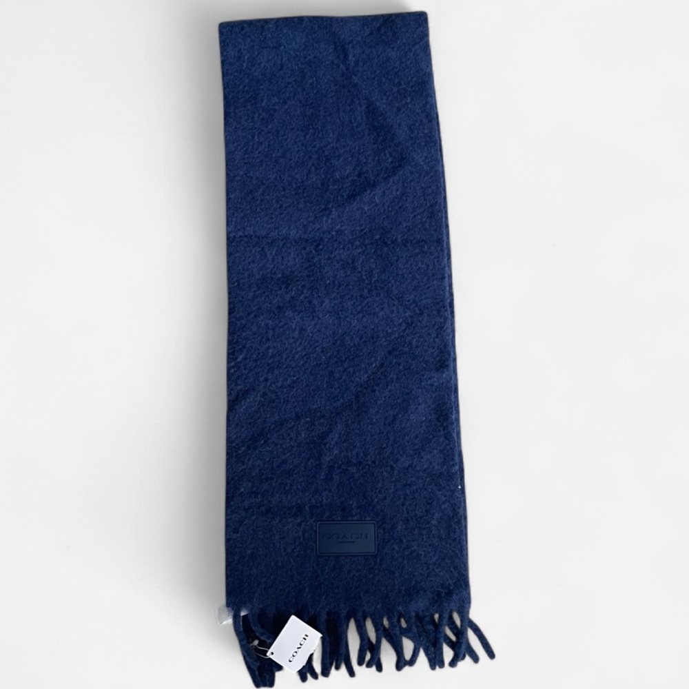Coach Muffler Navy Deep Blue Rubber Patch Alpaca Textured Fringe Scarf NEW - Picture 3 of 7
